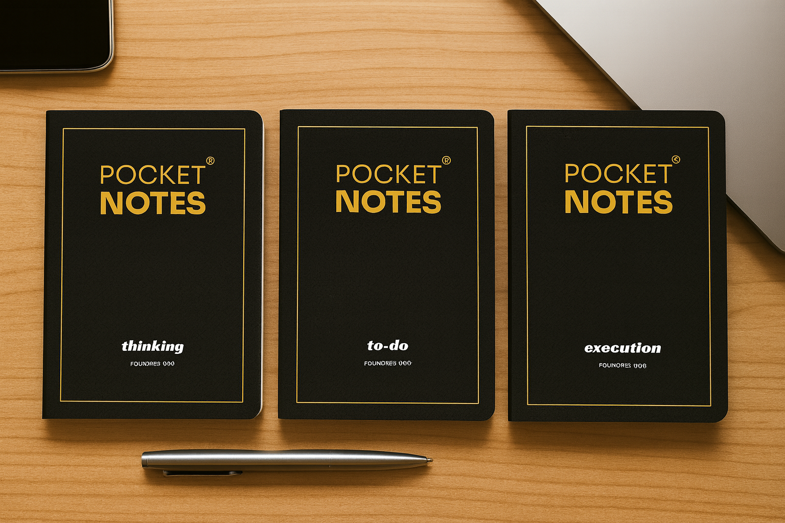 Founders Series — three notebooks: Thinking, To-do, Execution